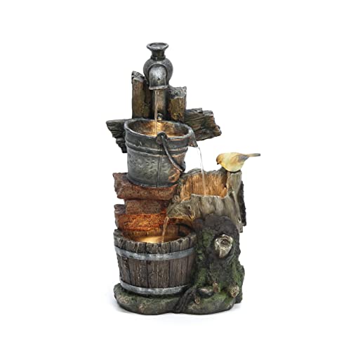 LuxenHome 22.4" Farmhouse Pump and Pots Resin Outdoor Fountain with LED Lights Outdoor and Indoor Water Fountain for Gardens, Landscaping, Patios, Balconies, and Lawns