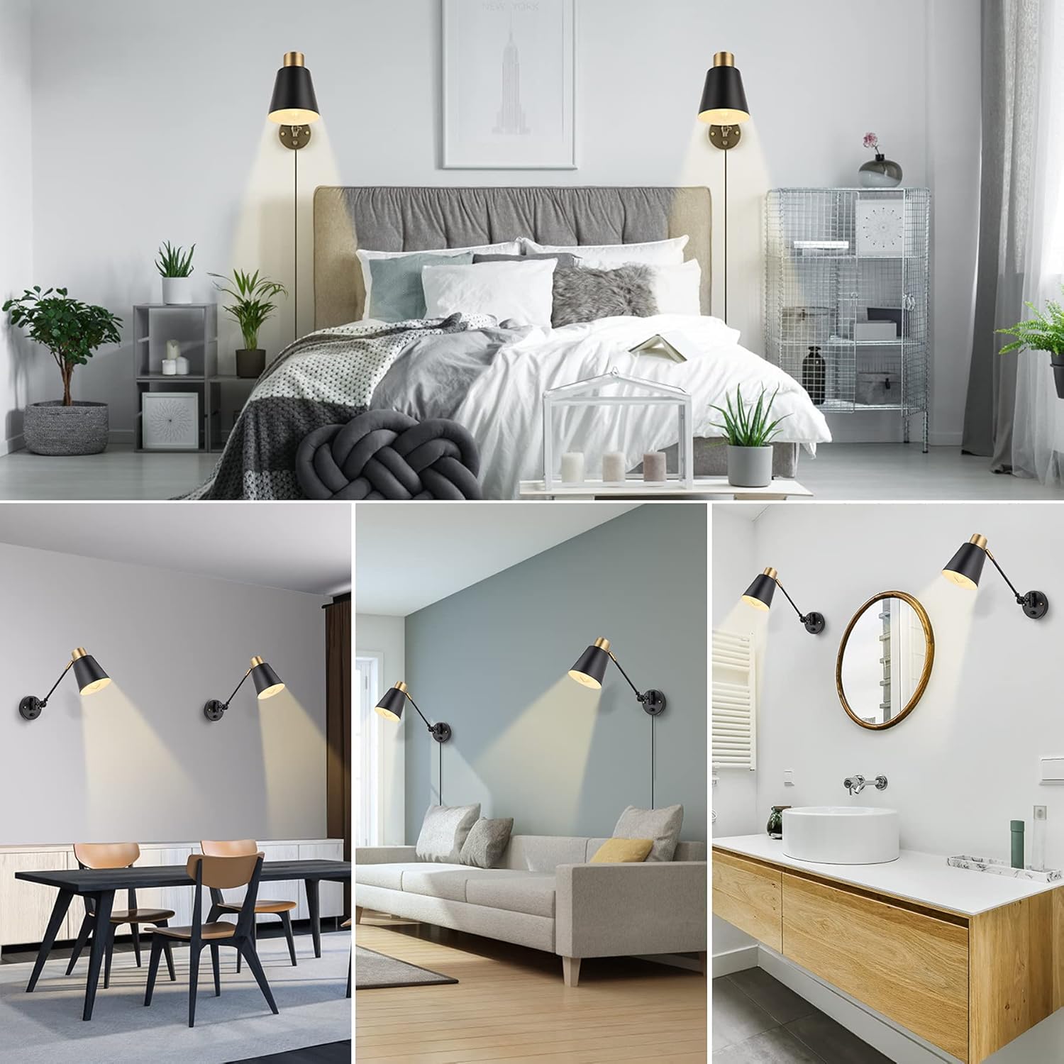 Dimmable Wall Lamp with Plug in Cord, ENCOMLI Plug in Wall Sconces, Swing Arm Sconces Wall Lighting with On Off Switch, Metal Black Brass Industrial Wall Sconce Plug in Wall Light, E26 Base