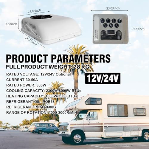 12V Camper Air Conditioner with Heat, Universal for RV Rooftop AC Unit, 12 Volt DC Air Conditioner Heater Combo, Quiet A/C Unit 2 in 1 Heating Cooling for Truck Trailer Boat Motorhome Tractor Caravan