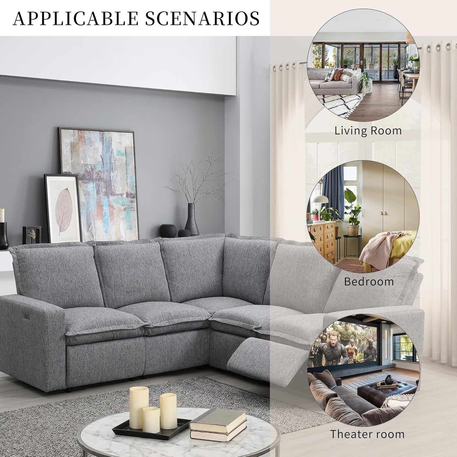 89'' Modular Sectional Sofa Couch, Convertible L Shaped Sofa with Power Recliner Chair, Modern 5-Seater Corner Sofa with USB Port, Seating Soft Chair Couch for Living Room, Home Office, Theater