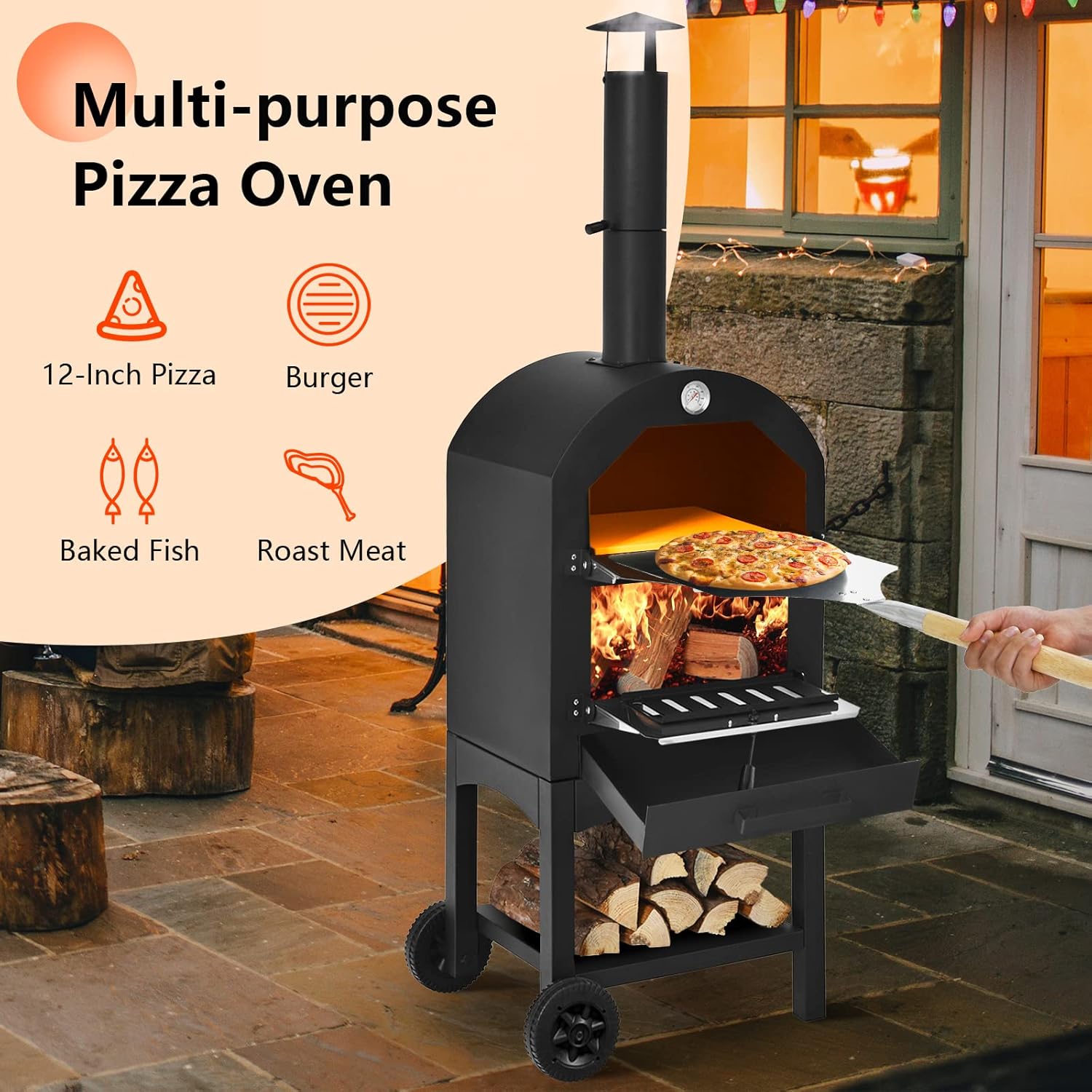 ORALNER Outdoor Pizza Oven, Wood Fired Pizza Oven Cooker with 12" Pizza Stone, Pizza Peel, Waterproof Cover, Portable Grill Pizza Maker on Wheels for Outside Backyard, Camping