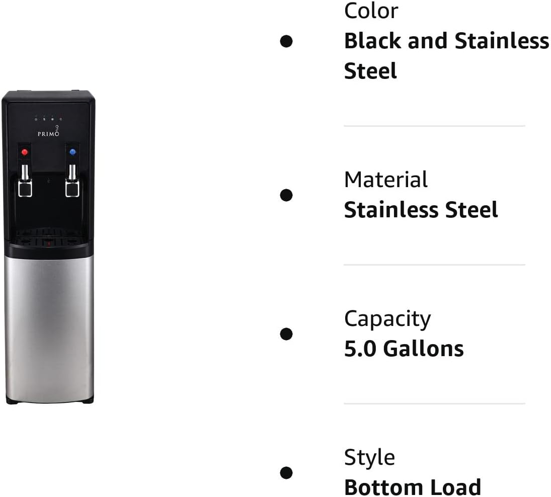 Primo Bottom-Loading Water Dispenser - 2 Temp (Hot-Cold) Water Cooler Water Dispenser for 5 Gallon Bottle w/Child-Resistant Safety Feature, Black and Stainless Steel