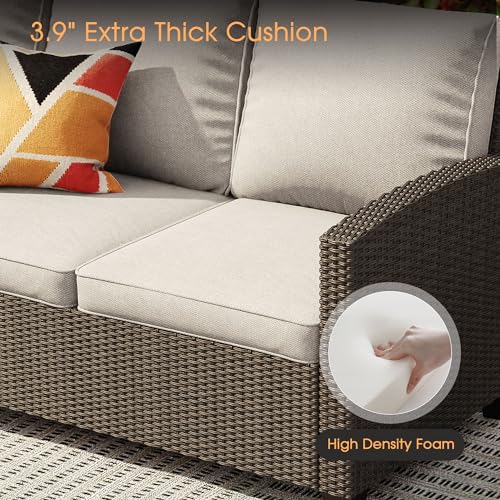 VICLLAX 6 Pieces Patio Furniture Set with 45-Inch Firepit Table, Outdoor Wicker Conversation Set with 3-seat Sofa, 4 Single Wicker Sofas and Metal Top Fire Pit Table for Garden, Poolside, Backyard