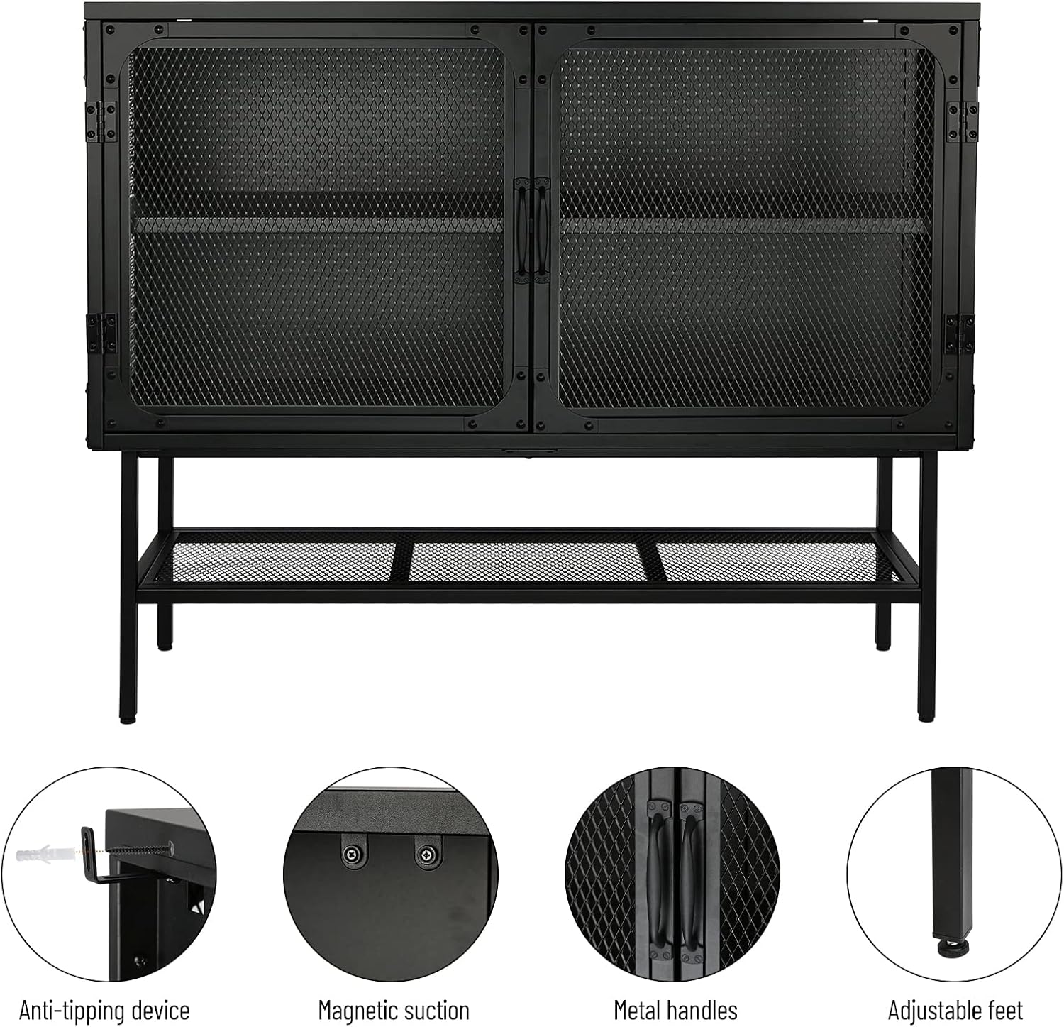 LUMISOL Industrial Cabinet Console Table with 2 Mesh Doors Adjustable Shelf and Feet Bottom Shelf Anti-Tip Dust-Free Kitchen Credenza Sideboard Frosted for Living Room Study Room Office Entryway