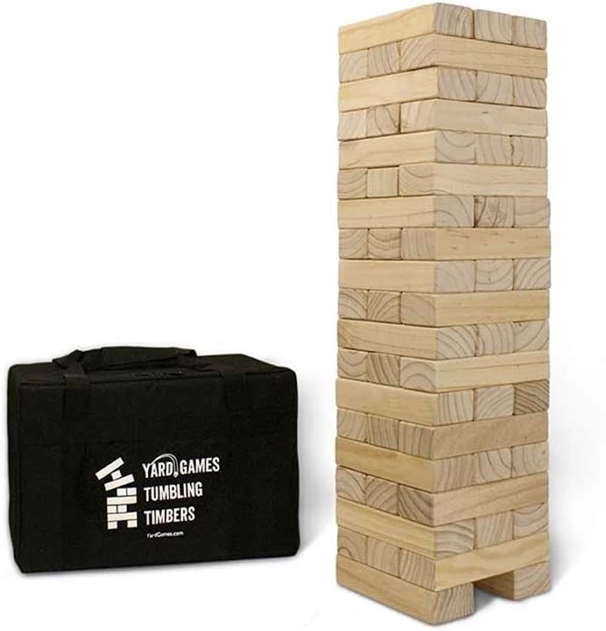 Yard Games Giant Tumbling Timbers Natural Pine Blocks Wood Stacking Game Bundle with Outdoor 4 in a Row Lawn Game with Storage Carrying Case, Brown