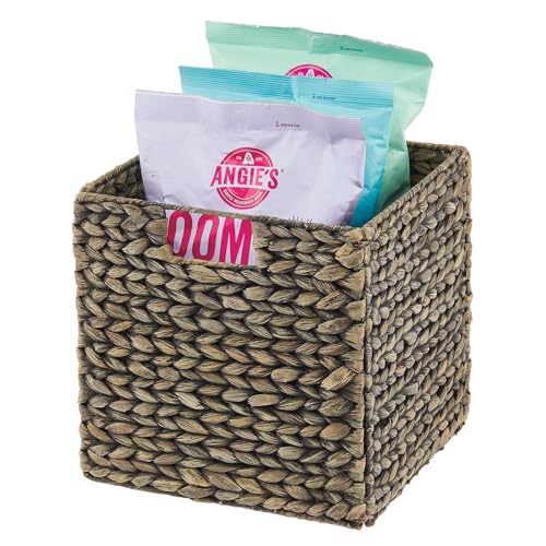 mDesign Natural Woven Hyacinth Cube Organizer Basket with Handles - Storage for Kitchen Cabinet or Pantry Shelf, Perfect for Cubby Storage Units, Holds Snacks or Small Appliances, 8 Pack, Black Wash