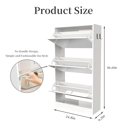 Mirror Shoe Storage Cabinet for Entryway, Narrow Shoe Cabinet Organizer with 3 Tiers, Slim Free Standing Hidden Shoe Cabinet with 3 Flip Drawers for Front Door Entrance, Closet（White）