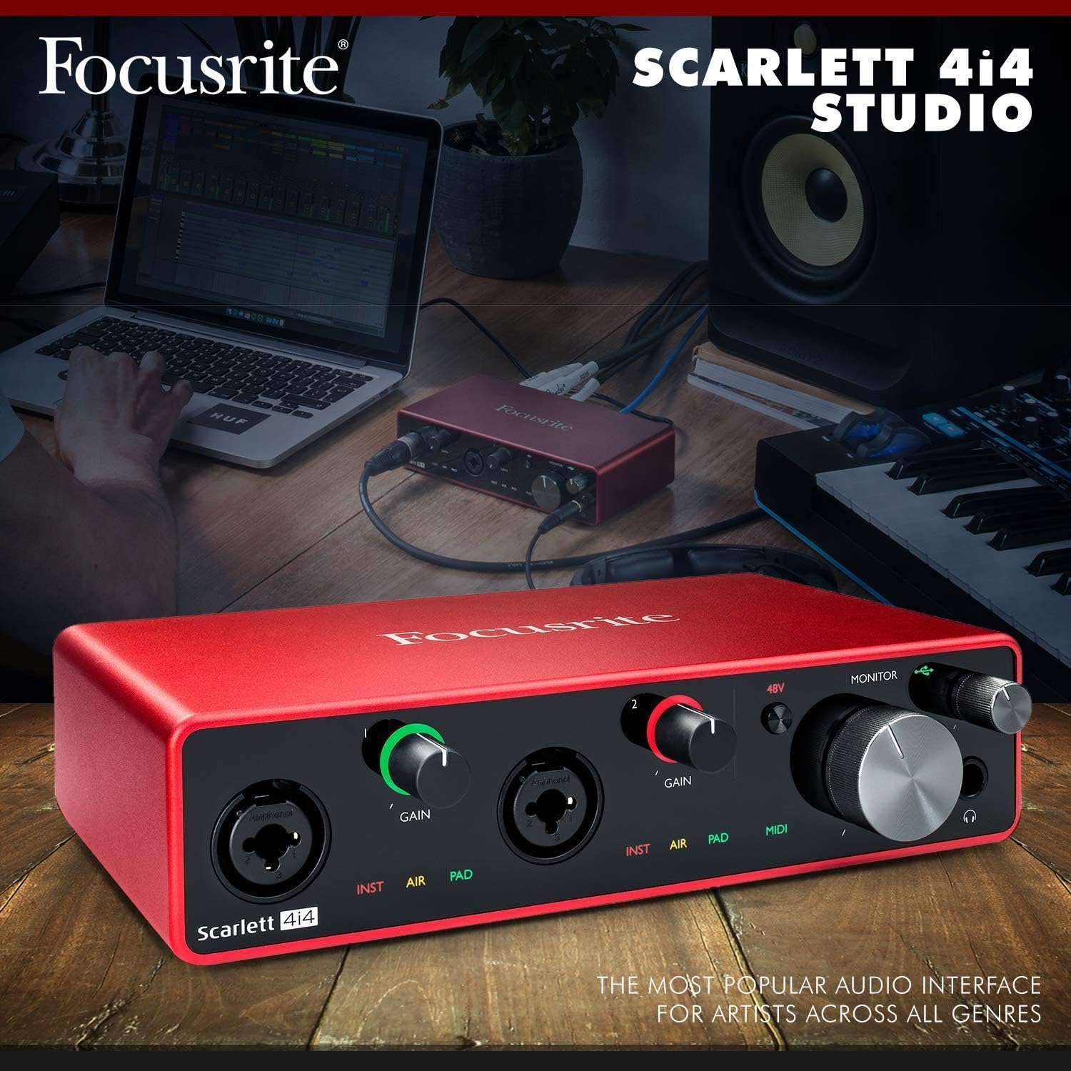 Focusrite Scarlett 4i4 USB Audio Interface (3rd Generation) + Tascam TM-80 Studio Condenser Microphone, Samson SR850 Stereo Headphones, Xpix Pop Filter, Cables and Professional Accessories