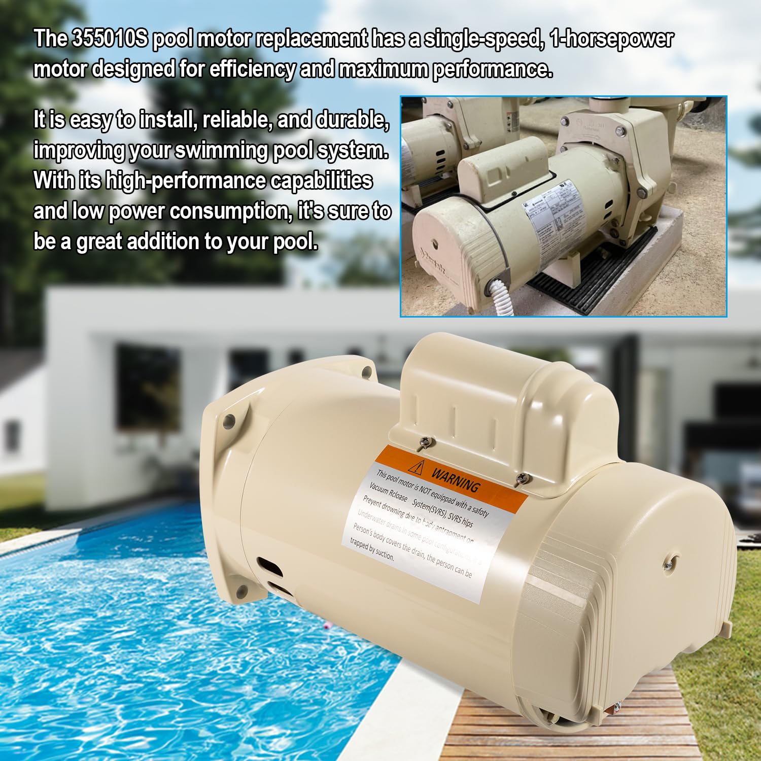 355010S Pool Pump Motor Energy Efficient Pool Pump Replacement Motor Parts for WhisperFlo High Performance Pool Pumps WFE-4 & WFE-26, 1 HP, 115/208-230 Volts, 1 Speed, SF/WF, Square Flange Pool Motor