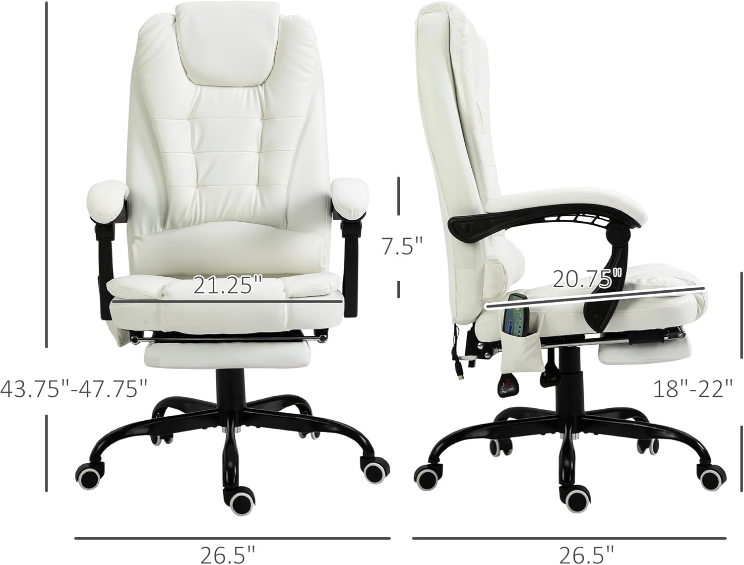 Reclining Office Chair with Massage, Ergonomic Office Chair with Foot Rest, PU Leather Executive Computer Chair with Heated, Padded Armrest, High Back Swivel Recliner for Office Home Study, White