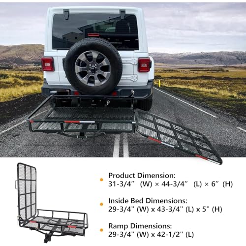 ECOTRIC Hitch Mount Wheelchair Carrier with Mobility Ramp for Wheelchair Scooter Lawn Mower Snow Blower Hauler 500lb Capacity Basket-Style