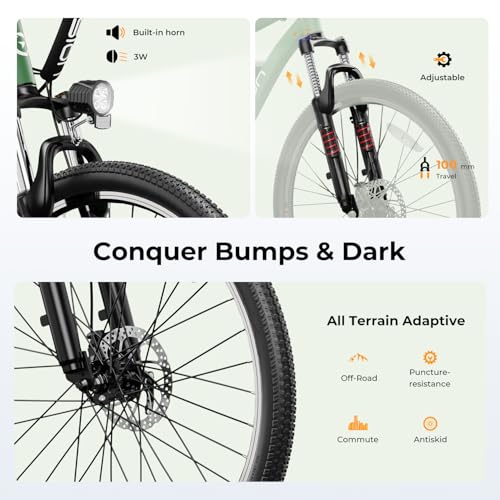 Jasion EB5 Electric Bike for Adults with Peak 500W Brushless Motor, 40Miles 20MPH Commuting Electric Mountain Bike with 360Wh Removable Battery, 7-Speed, 26" Tires and Front Fork Suspension