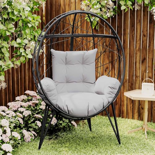 Wicker Egg Chair with Stand Cushion Outdoor Indoor Lounger Egg Basket Chair for Living Room, Backyard, Balcony, Patio (Black)