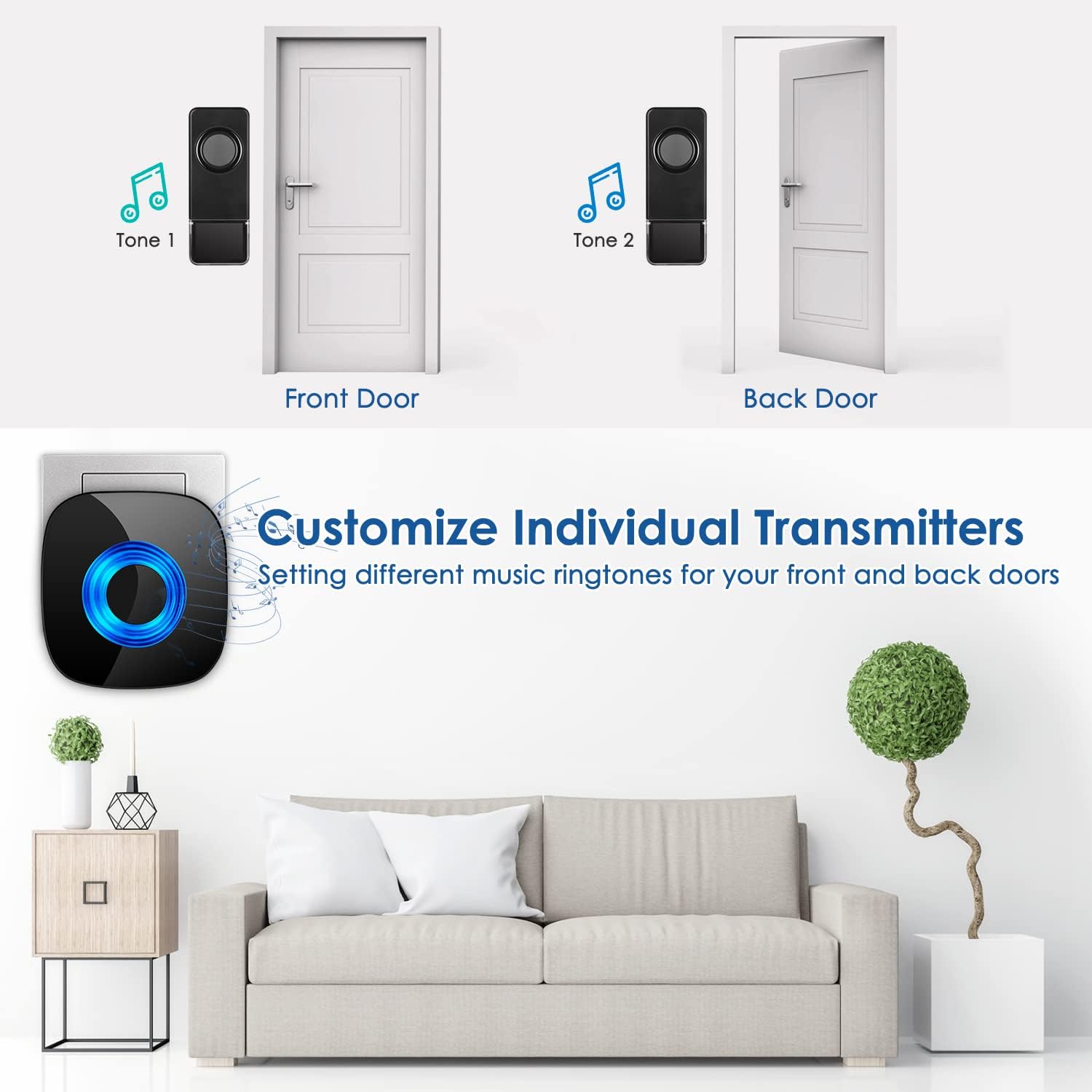Wireless Doorbell for Home, Waterproof Door Chime Kit Operating at 1300-ft 58 Adjustable Melodies & 5 Volume Levels -PHYSEN Door Bell Wireless with LED Strobe, 2 Push Buttons + 4 Plug in Receivers Pack of 2