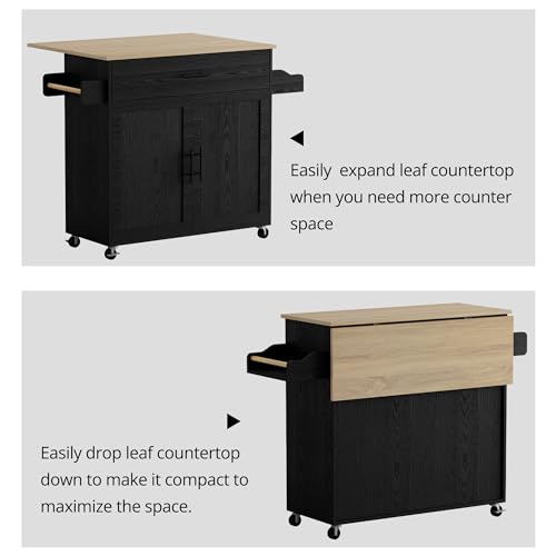 IRONCK Rolling Kitchen Island Table on Wheels with Drop Leaf, Storage Cabinet, Drawer, Spice/Towel Rack, Kitchen Cart, 47.25" Wide Black