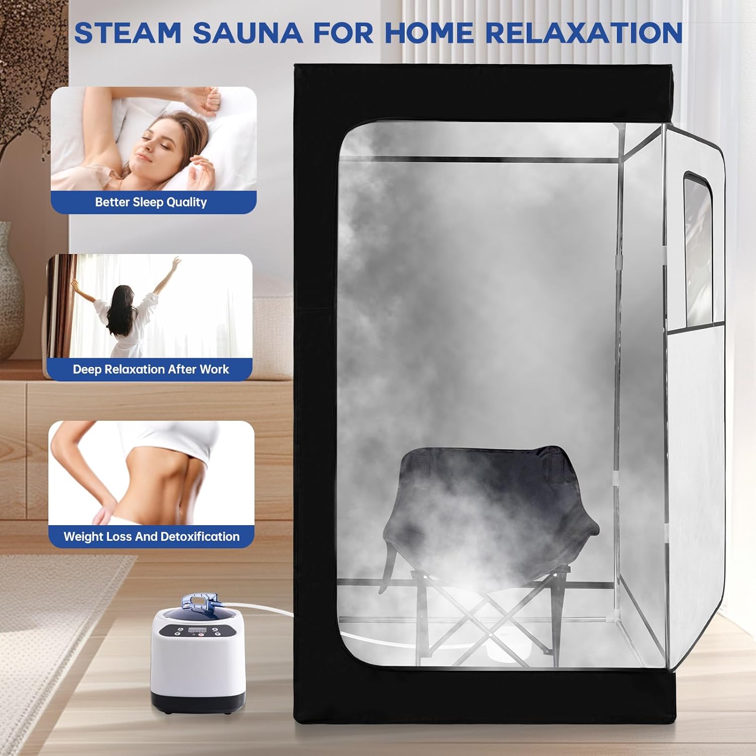 Portable Steam Sauna for Home Spa,Full Size Steam Room for Relaxation,600D Canvas Sauna Tent Personal Sauna Box with 3L &1000W Steamer,Foldable Chair,67.7"x 39.3"x 30.7",Black