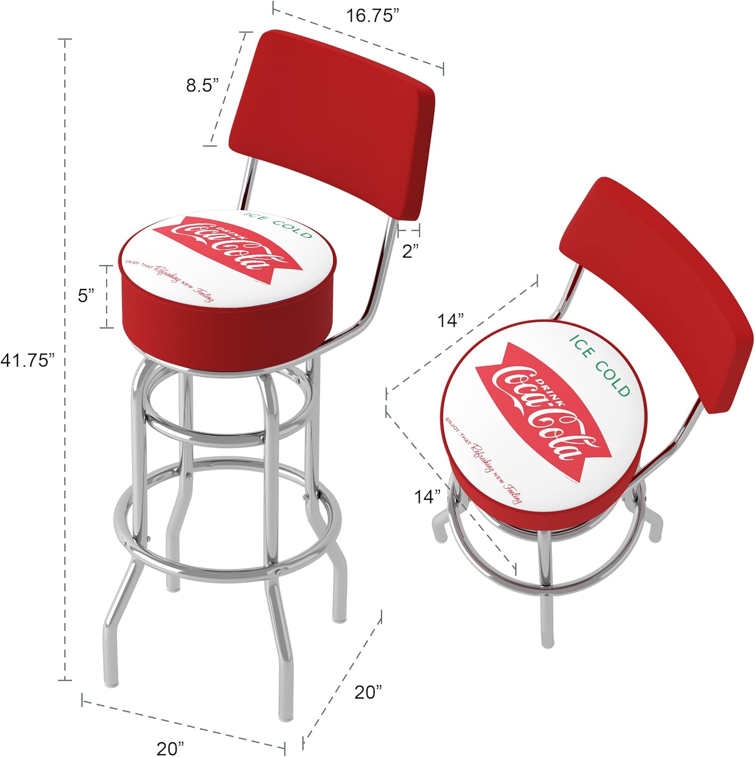 Bar Stool - Coca-Cola Ice Cold Design Stool with Foam Padded Seat and Back - Swivel Chair for Game Room, Garage, or Home Bar by Trademark Gameroom