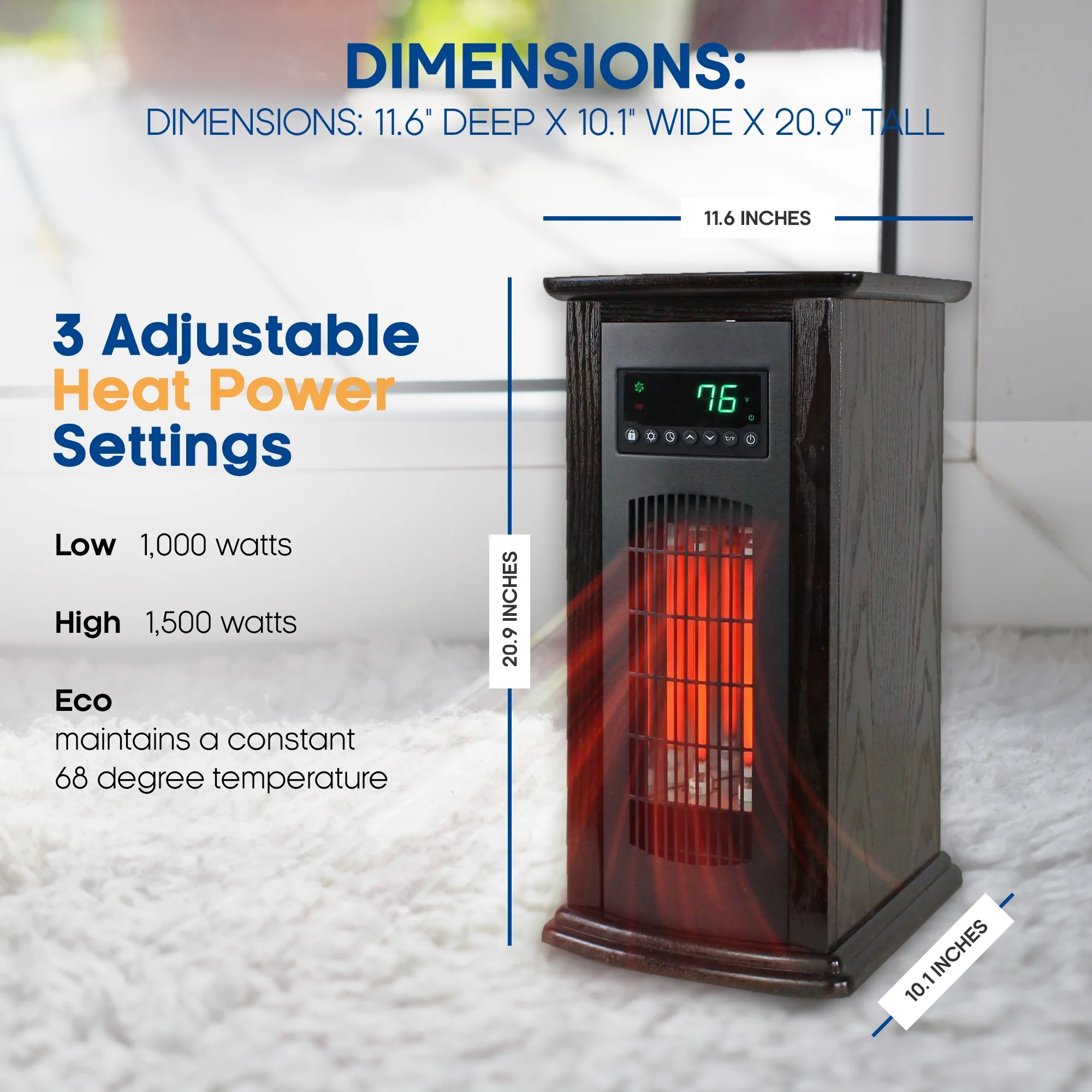 LifeSmart HT1029 1500 W Portable 21" Electric Infrared Quartz Tower Space Heater, Indoor
