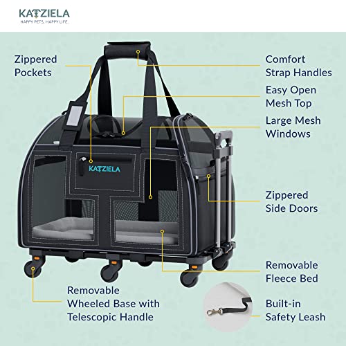 Airline Compliant Pet Carrier - Rolling Portable Travel Carry Crate for Small Dog, Puppy or Cat - Soft Removable Wheeled Design with Mesh Window Sides - Airplane and TSA Compliant- by Katziela