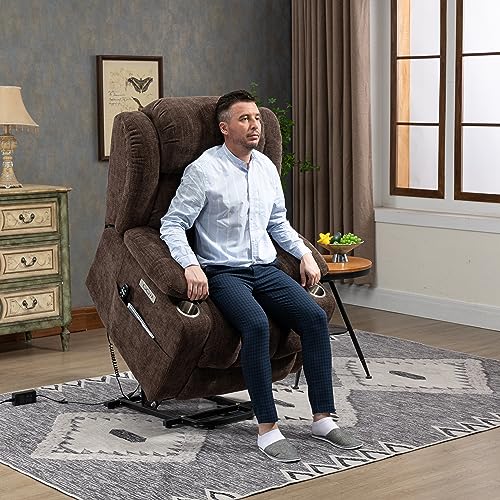 2024 Power Lift Recliner Chair with Full-Body Massage and Heat for Elderly, Hand Remote Control, Upgraded OKIN Motor, Extended Footrest, USB Ports, Stainless Steel Cup Holders, Chenille Grey