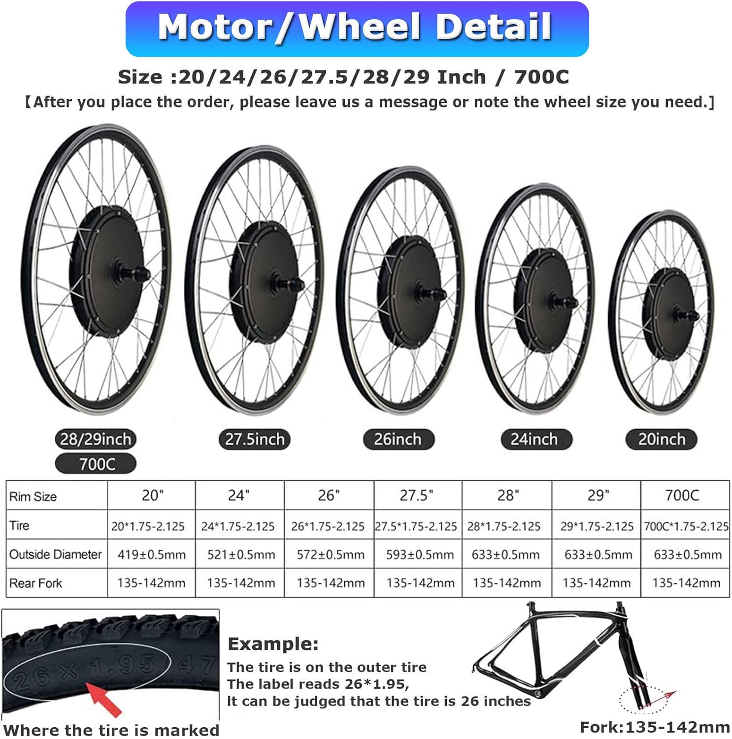 20"/24"/26"/27.5"/28"/29"/700c E-Bike Conversion Kit, Rear Wheel Electric Bicycle Kit 48V 500W 1000W Hub Motor Ebike Conversion Kit with LCD Display,48V1000W-26inch