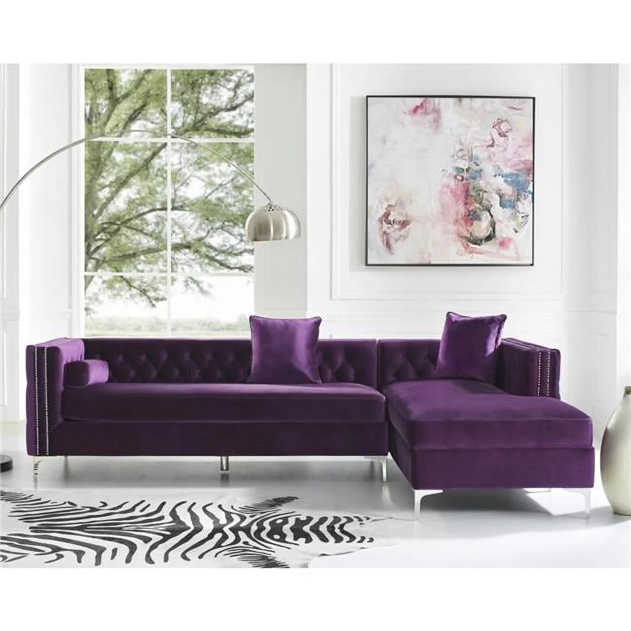 Posh Living Levi 115" Velvet Secitional Sofa with Right Facing Chaise in Purple