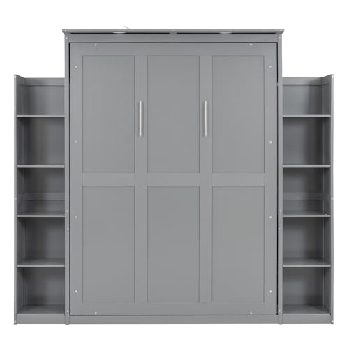 CITYLIGHT Full Size Murphy Bed with Storage Shelves and LED Lights, Easy Fold Wood Wall Bed, Space-saving Murphy Bed Cabinet for Guest Room Home Office, Grey