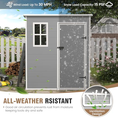 Outdoor Storage Shed, 6x6 FT Resin Shed with Floor and Lockable Door, Window, Vents, Tool Sheds and Outdoor Storage for Bike, Garden Accessories, Tools, Waterproof (Grey & White)