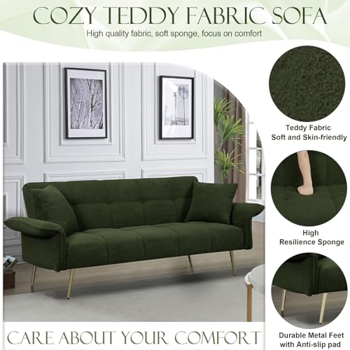 Futon Sofa Bed, Teddy Futon Couch Bed with Convertible Backrest, Modern Futon Couch with Adjustable Armrests, Sofa Bed with Memory Foam for Living Room, Bedroom, Beige