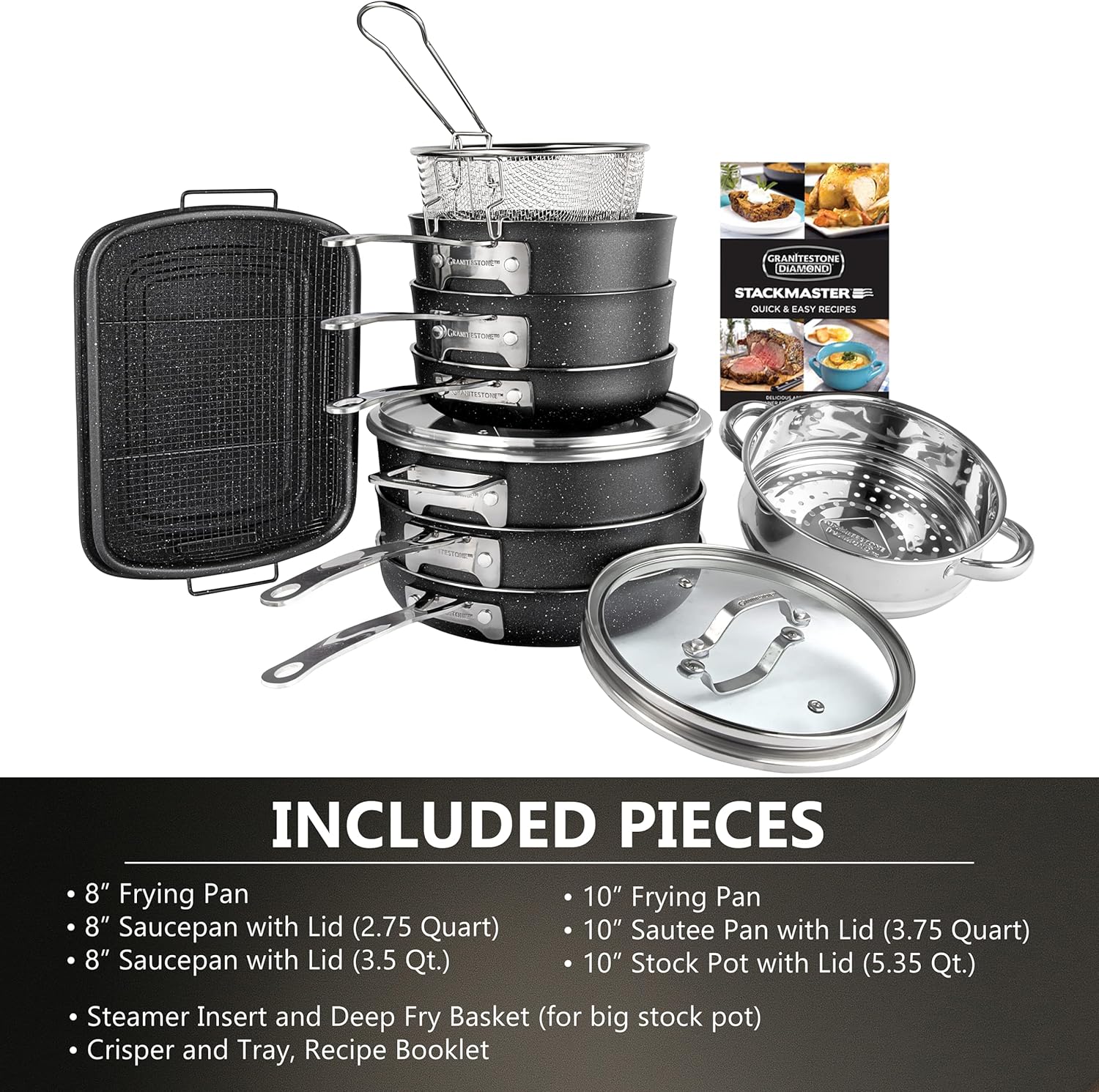 Granitestone Original Stackmaster 15 Piece Nonstick Cookware Set, Scratch Resistant Kitchenware, Pots and Pans, Induction-Compatible