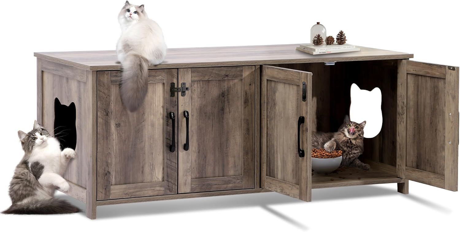 TITIMO Cat Litter Box Enclosure for 2 Cats - Litter Box Furniture Hidden with Lockable Door,Wooden Cat Washroom Furniture with Double Room,Cat House,Hideaway Litter Box,Greige