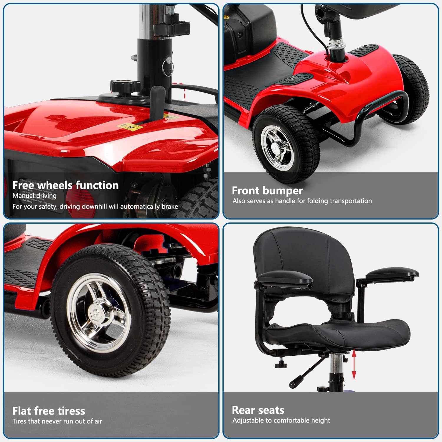 4 Wheel Mobility Scooter, Electric Power Mobile Scooters with Lights, Basket and Extended Battery, Collapsible and Compact Duty Travel Scooter w/Height-Adjustable Swivel Seat, for Seniors Adult, Red