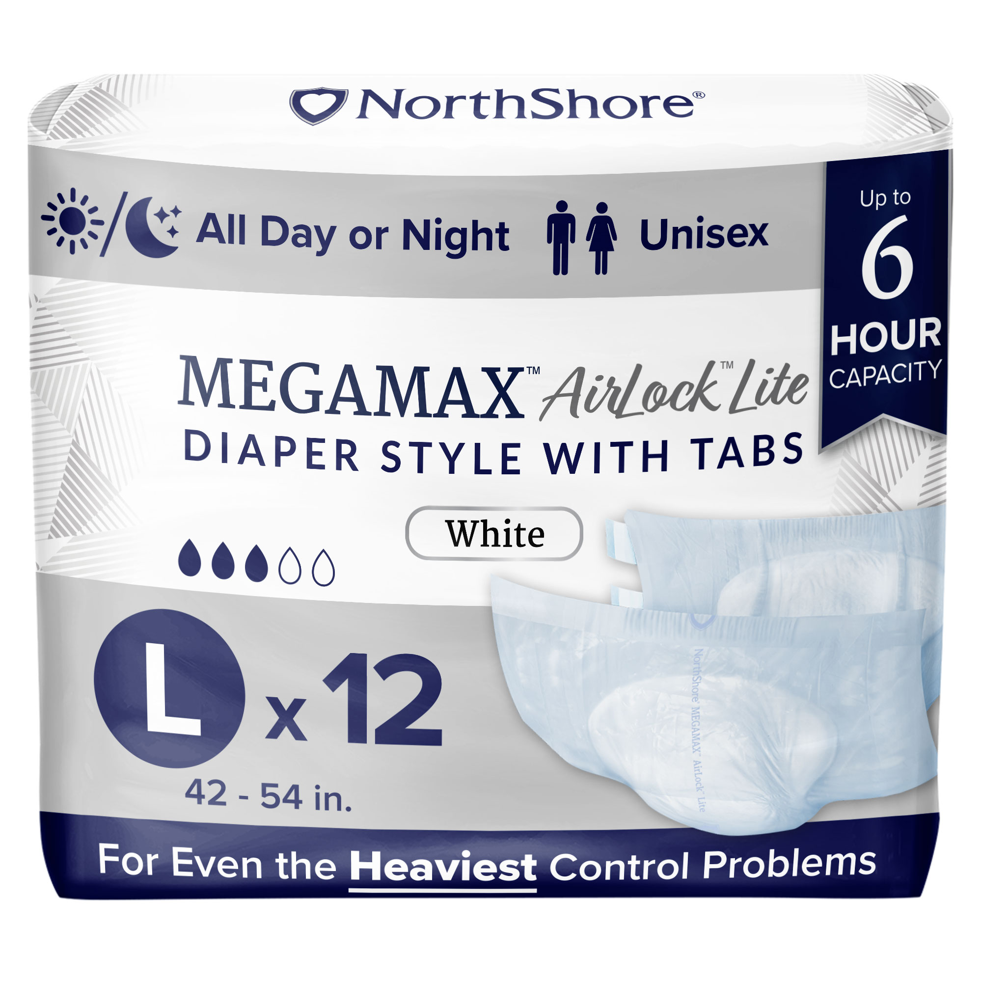 NorthShore MegaMax AirLock Lite Breathable 6-Hour Tab-Style Adult Diapers, Large, 12 Count Bag, White, 42-54 inches, Unisex Incontinence Underwear