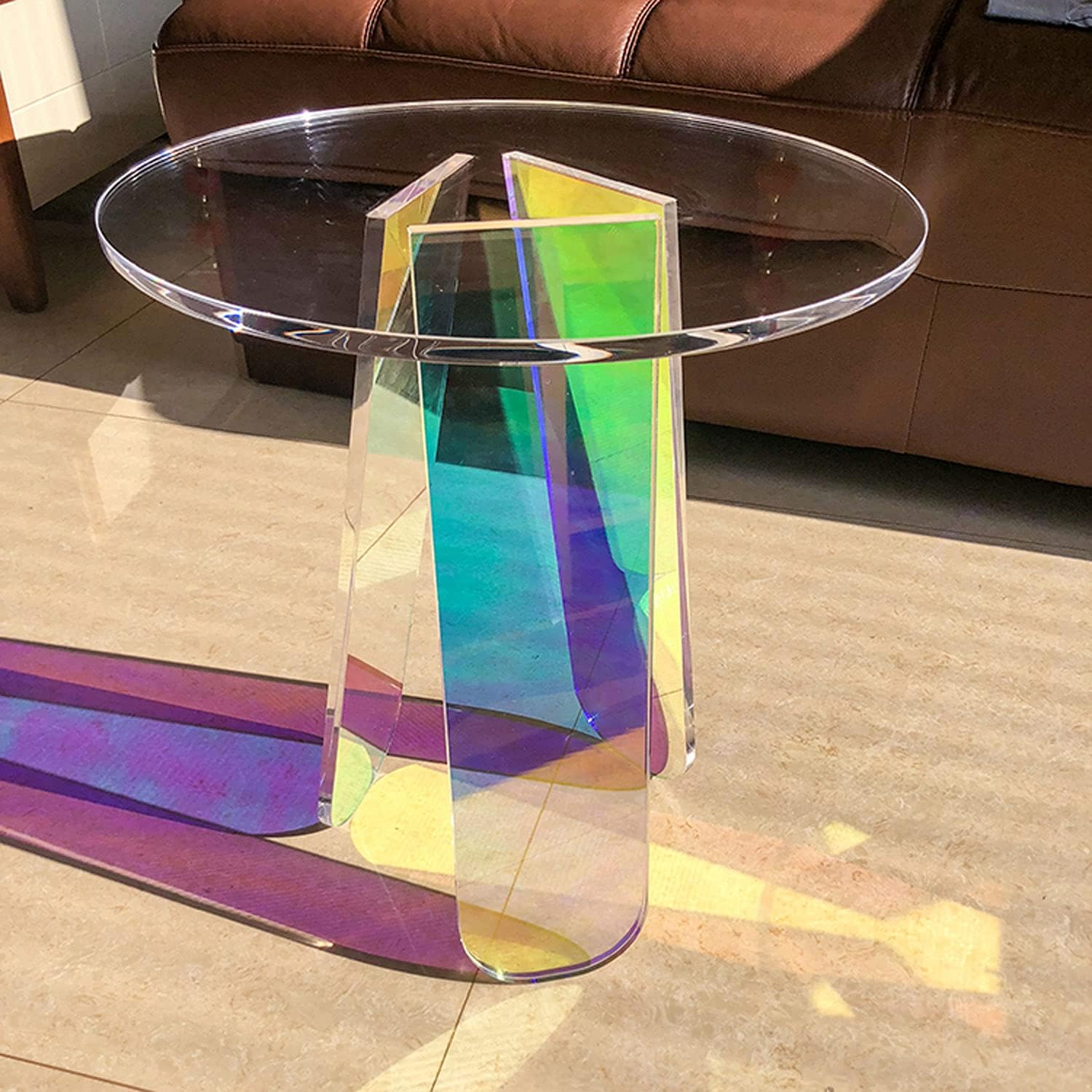 Acrylic Side Table Colorful Glass Round End Table, Beautiful Small Narrow Bedside Couch Sofa Side Tables for Drink Snack Magazine Living Room Bedroom, Clear Suncatcher Night Stands, 18 inch