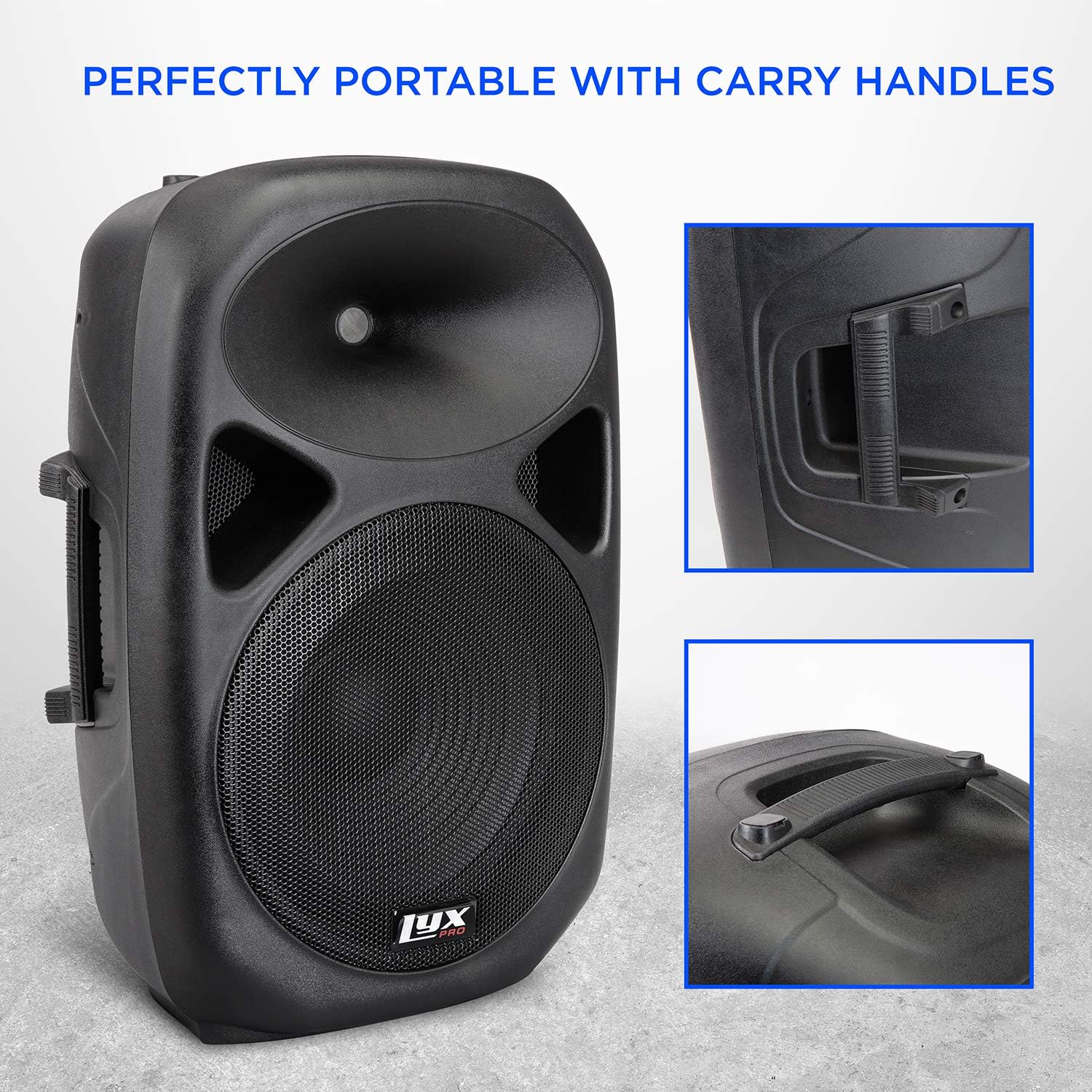 LyxPro SPA15 15 Portable PA Speaker System With Metal Tripod Stand Combo Kit Power Active Power Amplifier Equalizer Bluetooth SD Slot USB MP3 XLR 1/4 1/8 3.5mm Inputs Remote Control Carry Handles