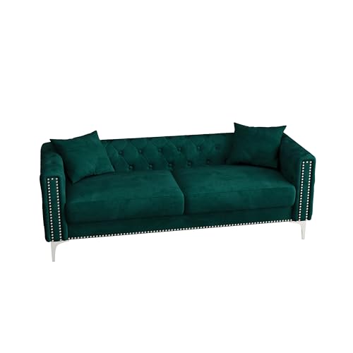 FANYE Velvet Upholstered 2 Pillows,Modern 3 Seaters Sofa Couch with Nailhead Decor and Metal Legs for Living Room, 83", Blue