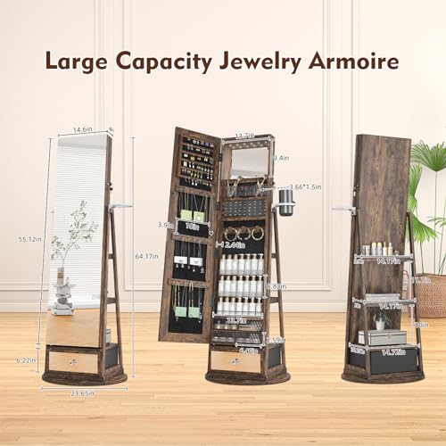 4 Wheels Jewelry Armoire with LED Light, Movable Jewelry Cabinet Standing with Full-Length Mirror, Lockable Jewelry Organizer with Mirror Storage Drawer, White
