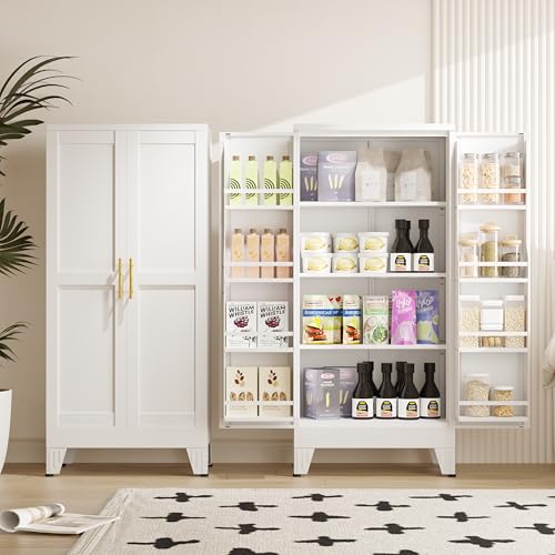 75.2" Tall Metal Pantry Cabinet, Storage Cabinets with 4 Door and 4 Adjustable Shelves, Black Kitchen Pantry Storage Cabinet, Freestanding Cupboard for Kitchen Dining Room Living Room Bathroom