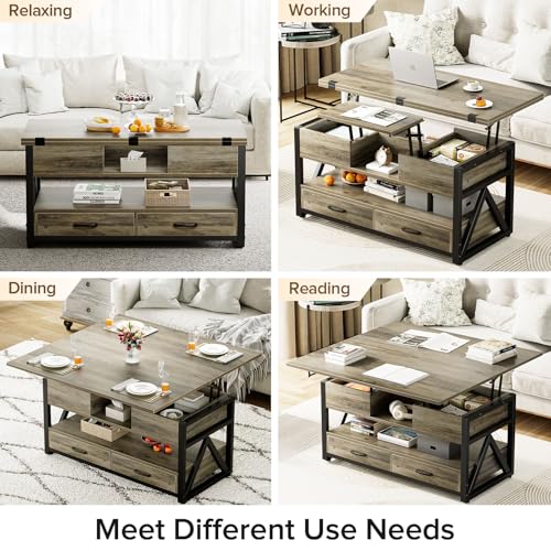 40" Lift Top Coffee Table,4 in 1 Multi-Function Lift Coffee Tables with Storage Drawers and Hidden Compartmen,Farmhouse Coffee Table with Lifting top for Living Room,Black