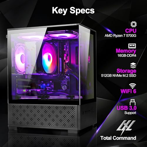 LXZ Desktop PC Computer AMD Ryzen 7-5700G 8 core 3.9GHz, 16G DDR4 RAM, 512GB NVME SSD, Tower Computer with Power Supply 400W for Home and Office (White)