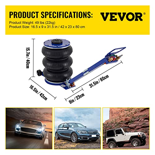 VEVOR Air Jack, 3 Ton/6600 lbs Triple Bag Air Jack, Air Bag Jack Lift Up to 15.75 Inch, 3-5S Fast Lifting Air Bag Jack for Cars with Adjustable Long Handle (Blue)