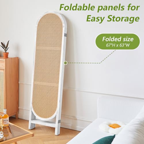 6 Panels Room Dividers and Folding Privacy Screens, Hand-Woven Rattan Room Divider Wall, Wood Room Divider Freestanding Room Partitions Screen for Home Office Bedroom, WhiteBrown