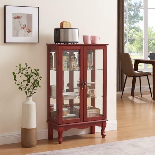 Dolonm Curio Corner Cabinet with Glass Doors, Curio Display Cabinets with Adjustable Shelves, Corner Display Cabinet with Mirrored Back Panel, Lighted Corner Curio Cabinet, Light Bulb Included, Cherry
