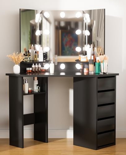 Corner Vanity Makeup Desk with Lights - Pink Makeup Table with 3 Lighted Mirror 5 Drawers, Bedroom Small Vanity Desk with 3 Lighting Options and Storage Shelf, 44" Vanity for Women Girls