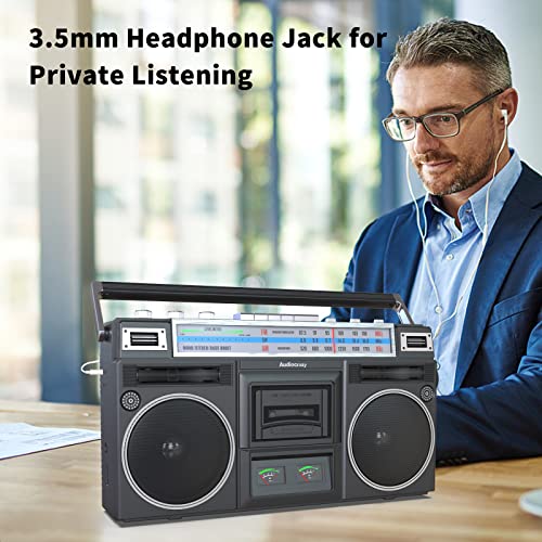 Audiocrazy Retro Boombox Cassette Player AM/FM Shortwave Radio, Portable Cassette Tape Player Recorder, Wireless Streaming, USB/Micro SD Slots Guitar/Aux in, Convert Cassettes to USB Classic 80s Style