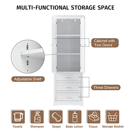 Tall Bathroom Storage Cabinet with 2 Door, Freestanding Floor Cabinet with 3 Drawers and Adjustable Shelves, Large White Linen Cabinet for Bathroom, Kitchen, Living Room