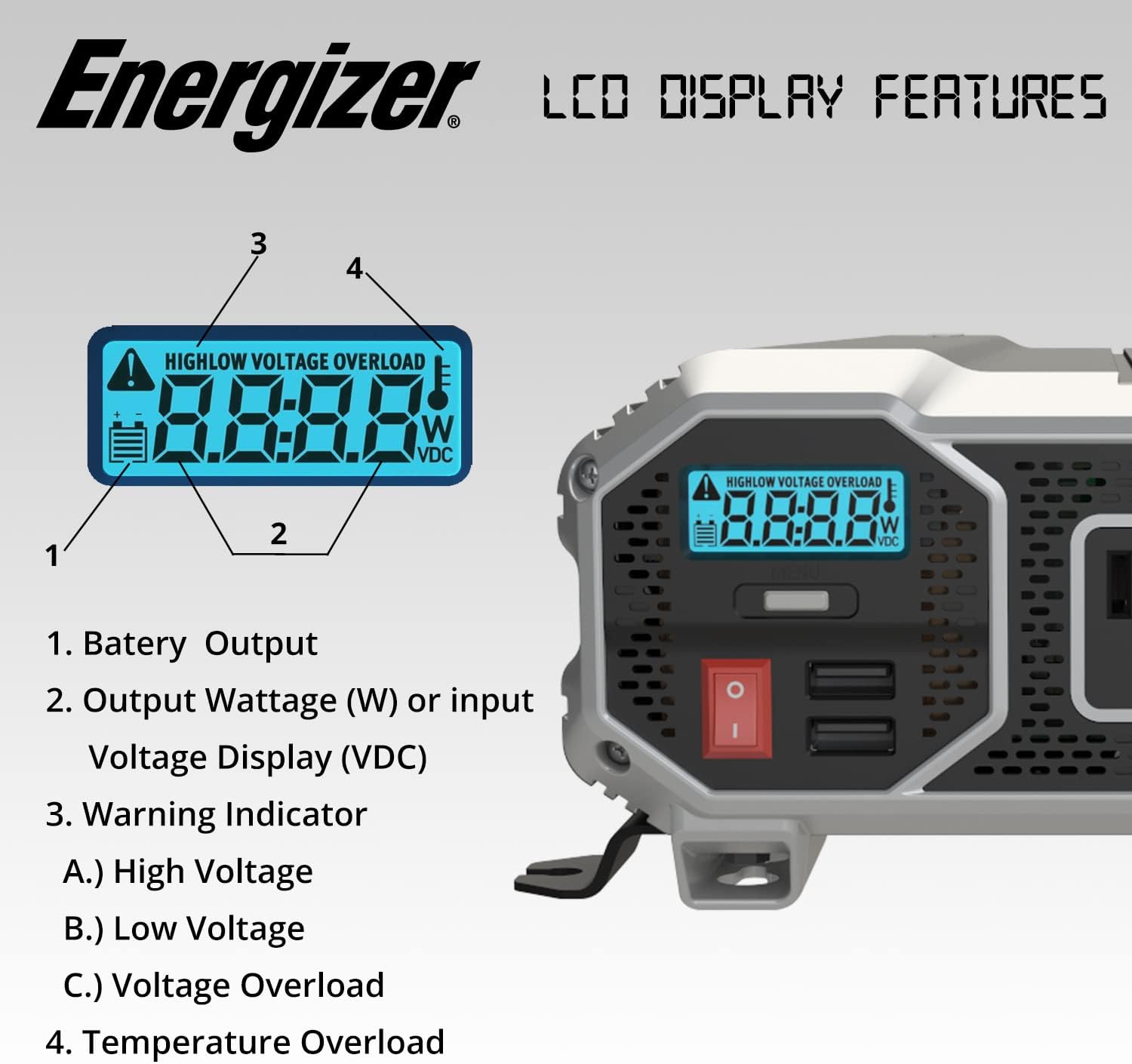 Energizer 4000 Watts Power Inverter Modified Sine Wave Car Inverter, 12V to 110 Volts, Two AC Outlets, Two USB Ports (2.4 Amp), Hardwire Kit, Battery Cables Included – ETL Approved Under UL STD 458