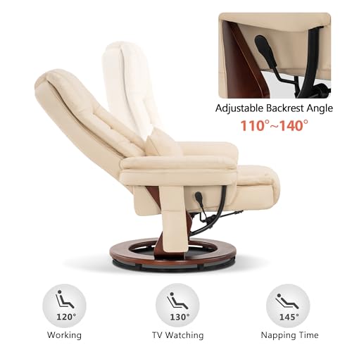 MCombo Recliner with Ottoman Chair Accent Recliner Chair with Vibration Massage, Removable Lumbar Pillow, 360 Degree Swivel Wood Base, Faux Leather 9096 (Cream White)