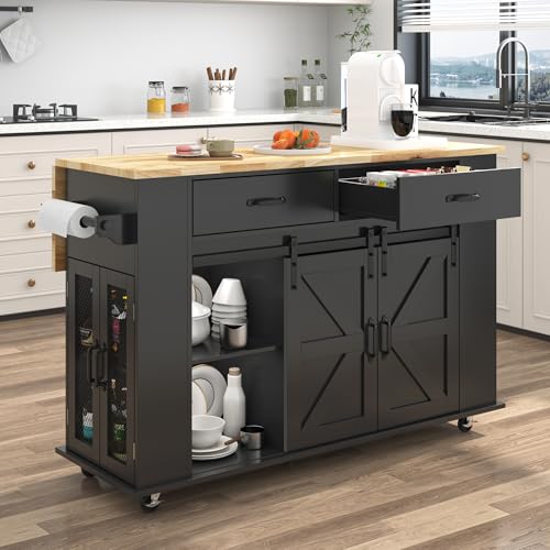59" Kitchen Island W/Power Outlet&Drop Leaf,Kitchen Rolling Island W/Spice Rack&Towel Rack&Drawers,Kitchen Island Cart W/Sliding Barn Door,Mobile Island Table W/Adjustable Shelves for Dining Room