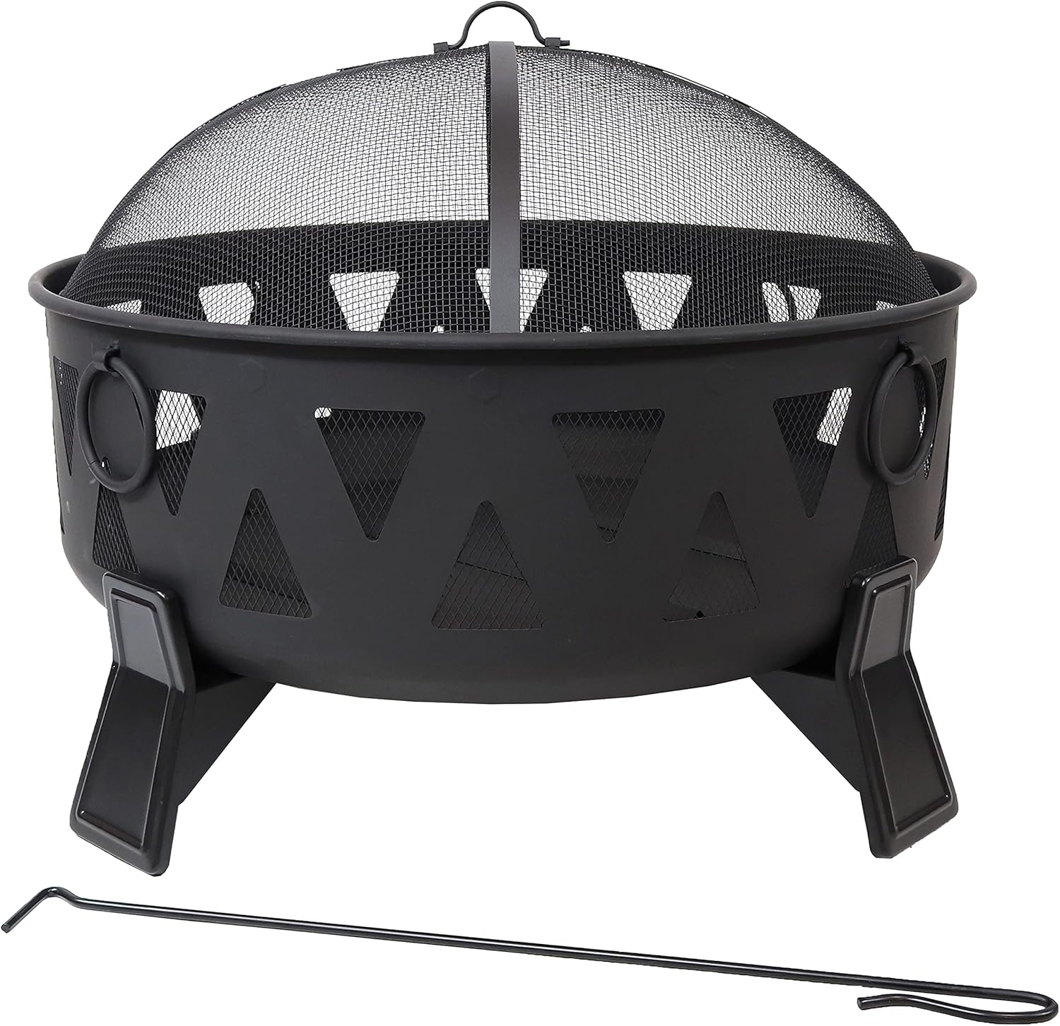 Sunnydaze 25-Inch Steel Wood-Burning Fire Pit with Mesh Stripe Cutouts - includes Poker and Spark Screen